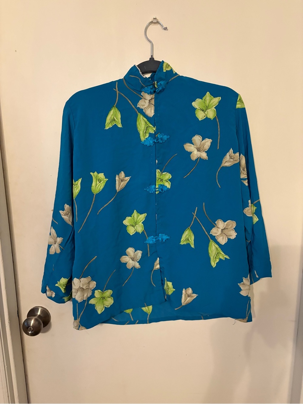 Teal Floral Mandarin Collar Button Blouse